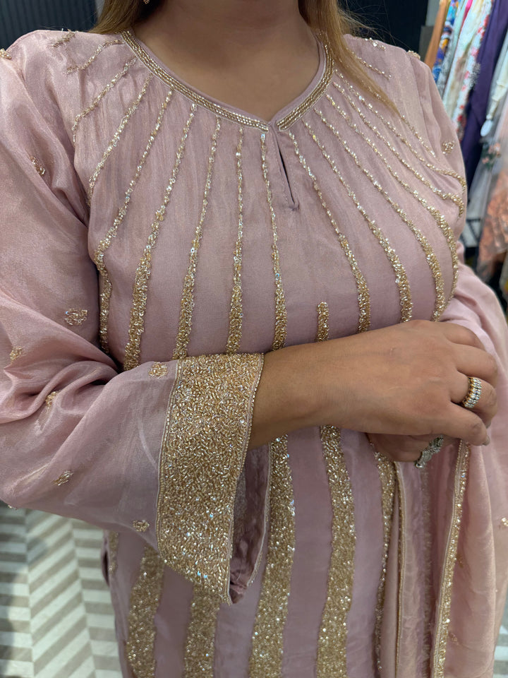 Meher – Powder Pink Tissue Sequin Cut Dana Sharara Set