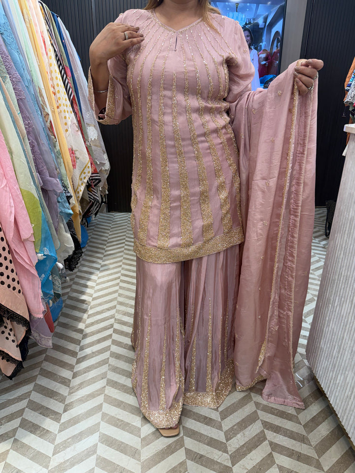 Meher – Powder Pink Tissue Sequin Cut Dana Sharara Set