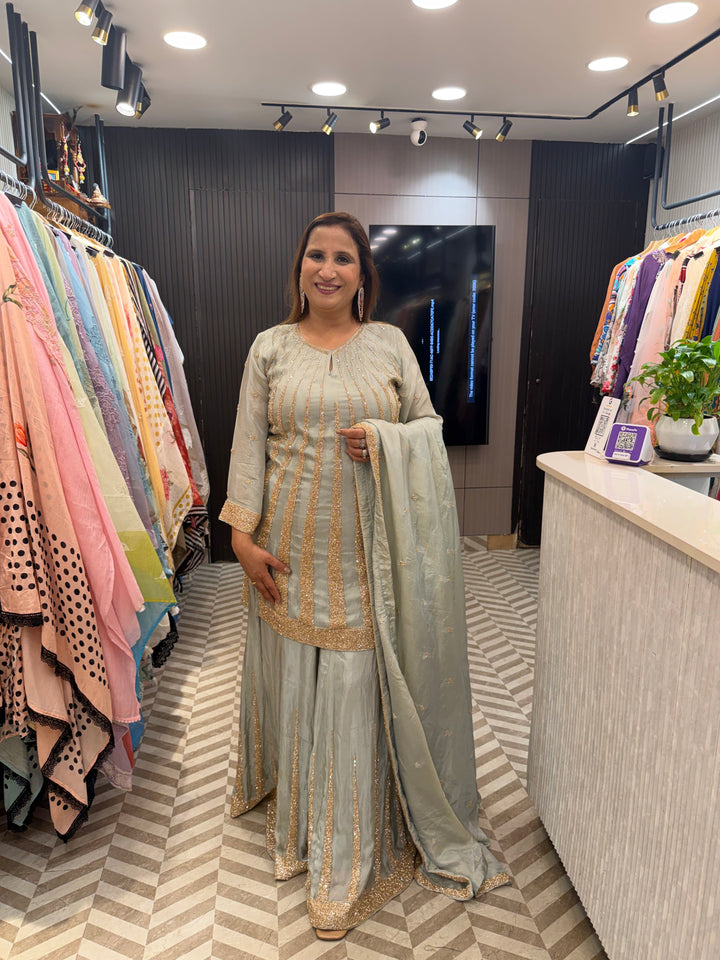Meher – Powder Green Tissue Sequin Cut Dana Sharara Set