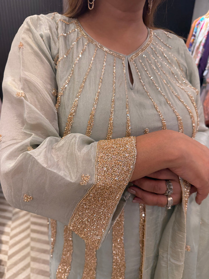 Meher – Powder Green Tissue Sequin Cut Dana Sharara Set