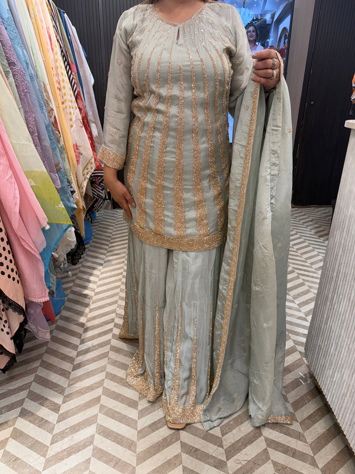 Meher – Powder Green Tissue Sequin Cut Dana Sharara Set