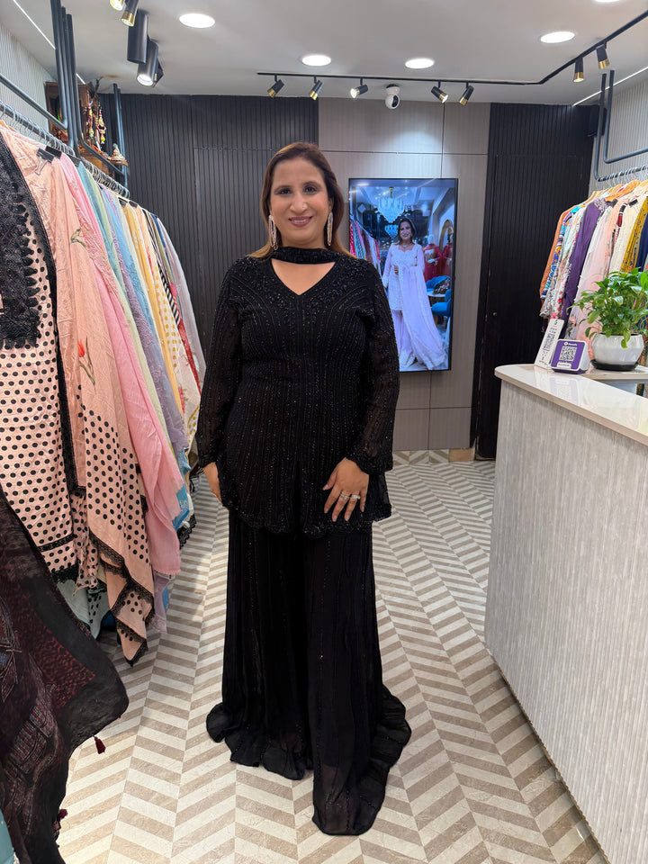 Aafreen – Black Georgette Cut Dana Beaded Sharara Set