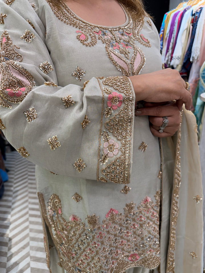 Meher – Grey Tissue Heavy Handwork Sharara Set