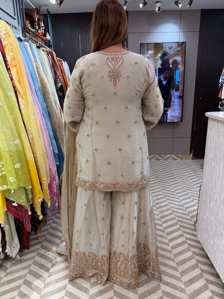 Meher – Grey Tissue Heavy Handwork Sharara Set