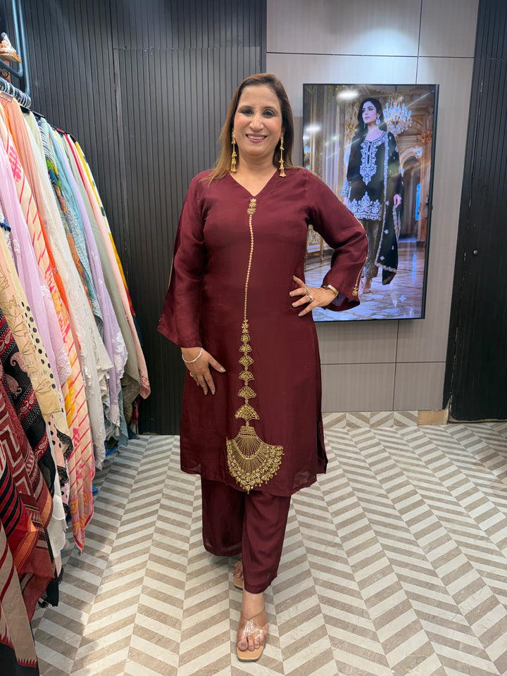 Elara – Maroon Silk Gold Handwork Embellished Suit