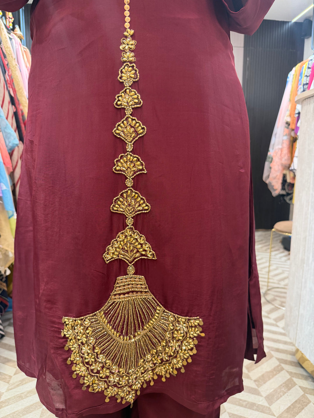 Elara – Maroon Silk Gold Handwork Embellished Suit