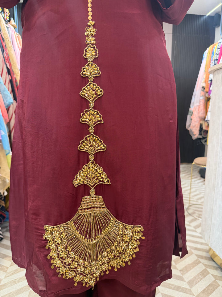 Elara – Maroon Silk Gold Handwork Embellished Suit