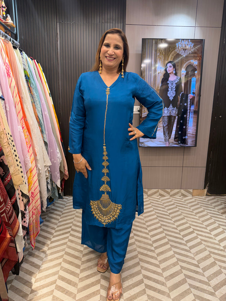 Elara – Blue Silk Gold Handwork Embellished Suit