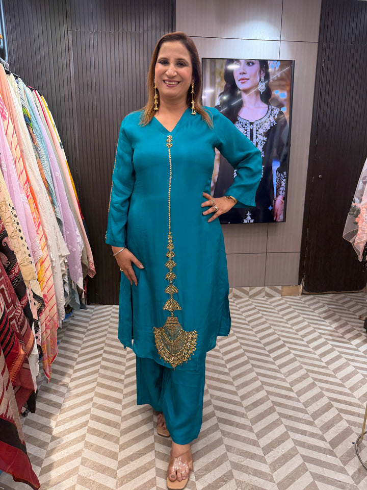 Elara – Rama Green Silk Gold Handwork Embellished Suit