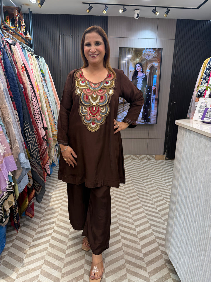 Alina – Brown Silk Embroidered Cord Set