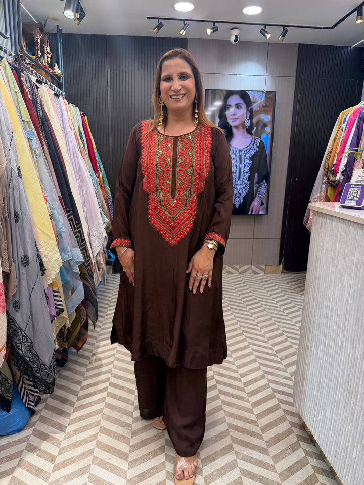 Alina – Brown Silk Embroidered Cord Set