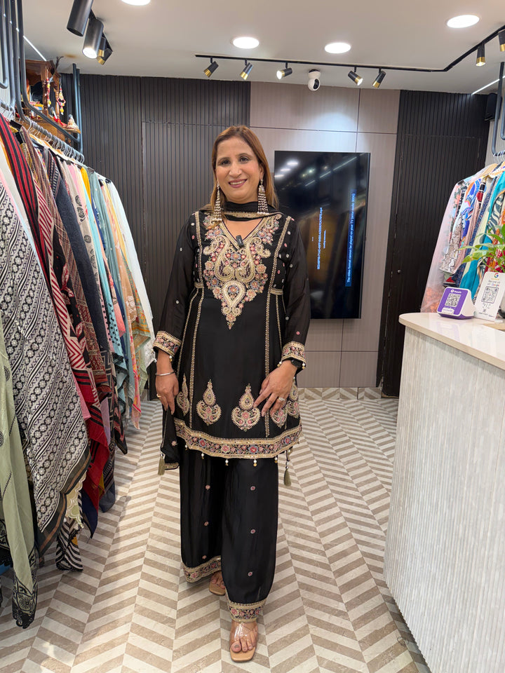 Zareen – Black Chinon Embroidered Peplum Suit