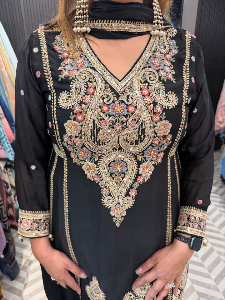 Zareen – Black Chinon Embroidered Peplum Suit