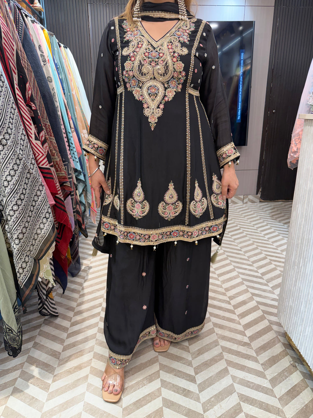 Zareen – Black Chinon Embroidered Peplum Suit