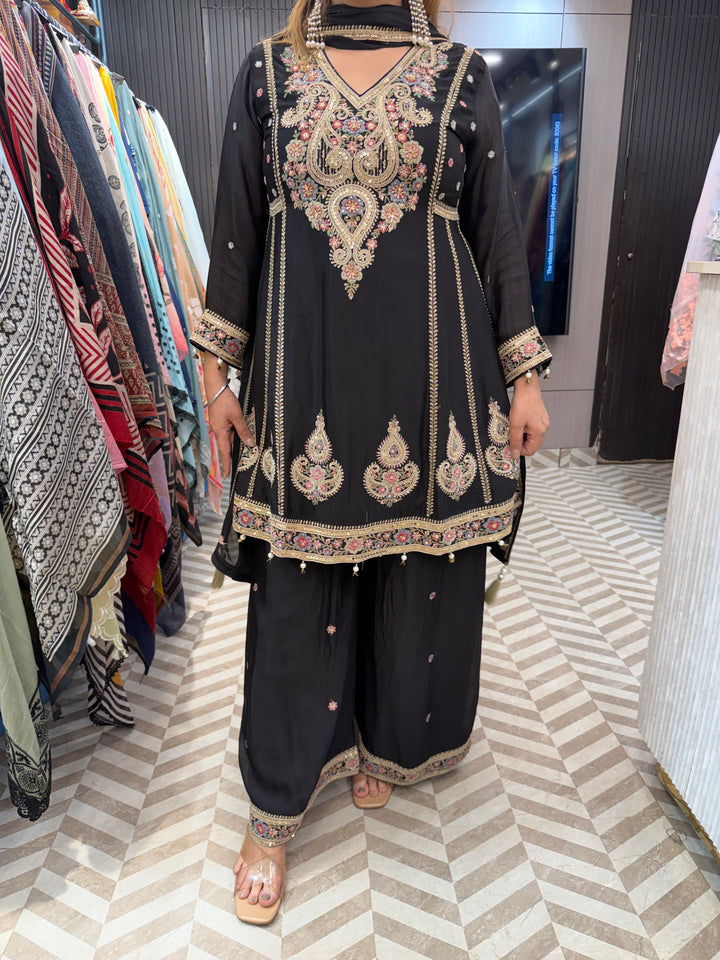 Zareen – Black Chinon Embroidered Peplum Suit