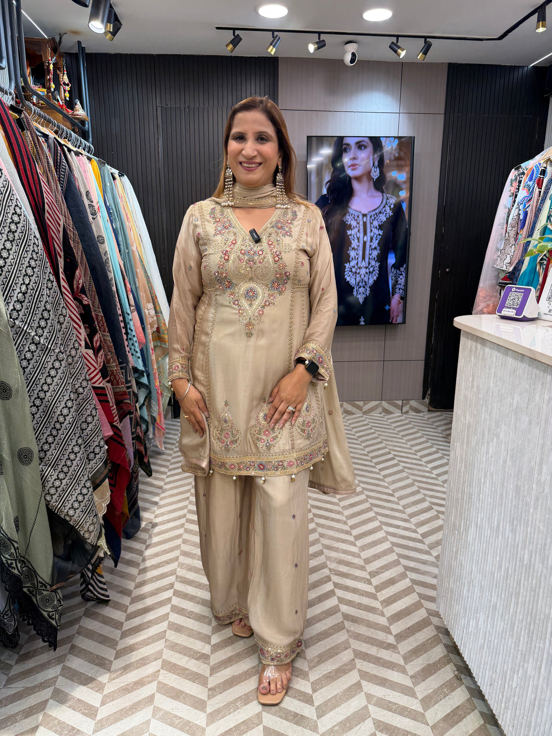 Zareen – Champagne Beige Chinon Embroidered Peplum Suit