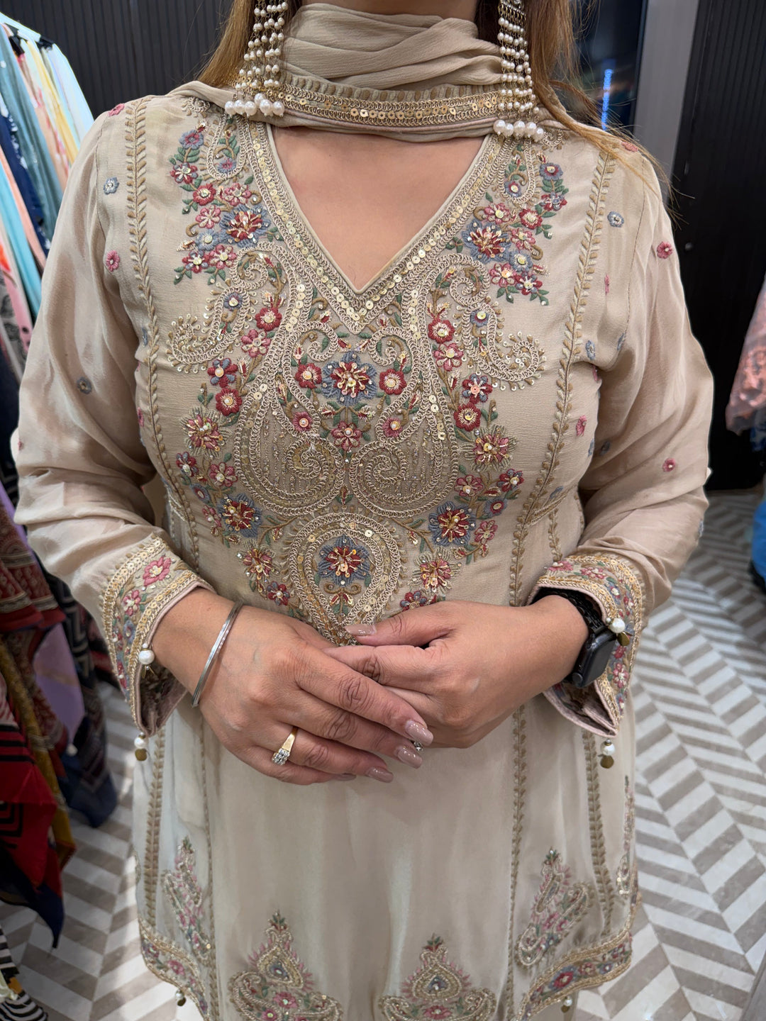 Zareen – Champagne Beige Chinon Embroidered Peplum Suit