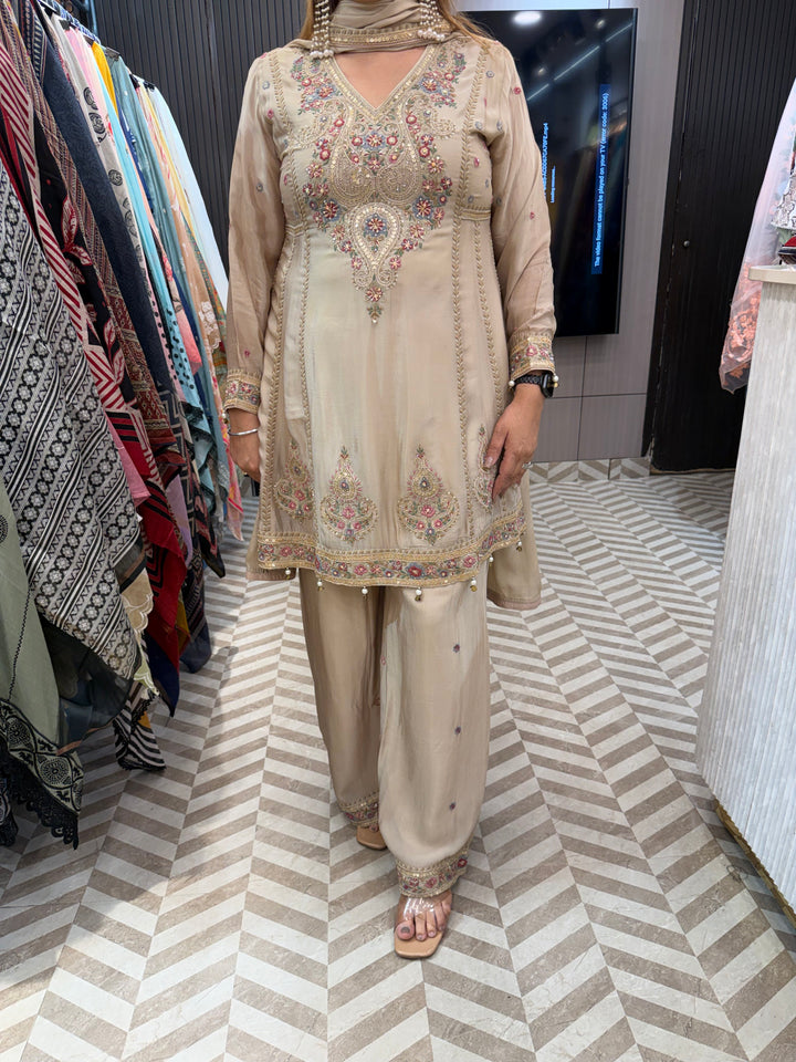 Zareen – Champagne Beige Chinon Embroidered Peplum Suit