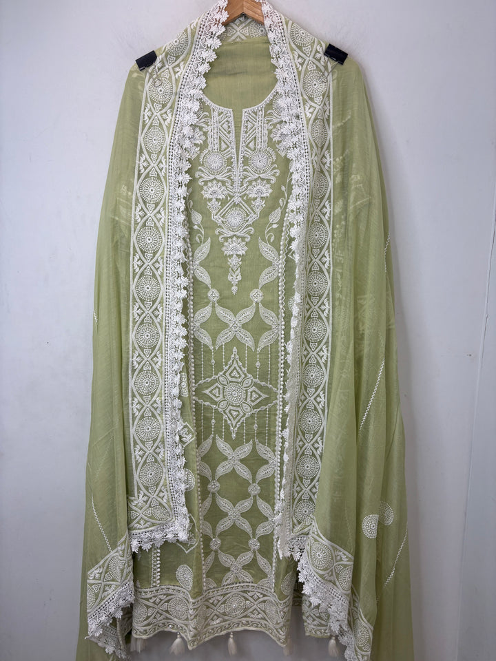 Avelia – Green Mul Cotton A-Line Handwork Suit