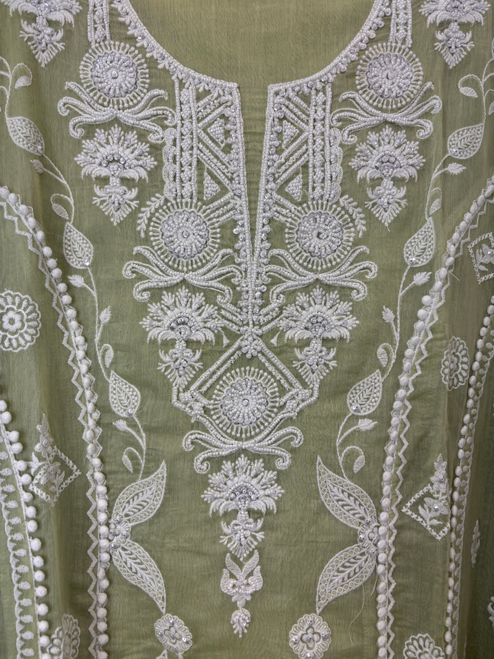 Avelia – Green Mul Cotton A-Line Handwork Suit