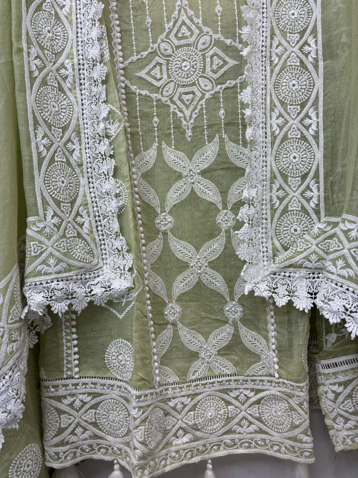 Avelia – Green Mul Cotton A-Line Handwork Suit