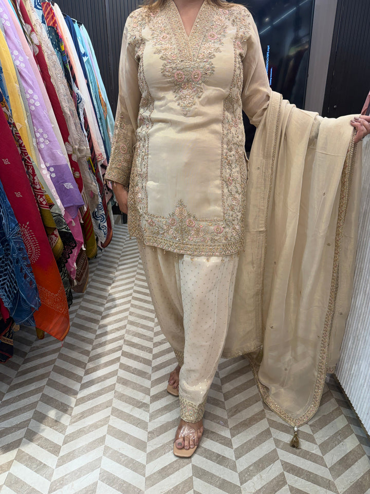 Mahira – Ivory Tissue Pakistani Short Shirt Farshi Salwar Set