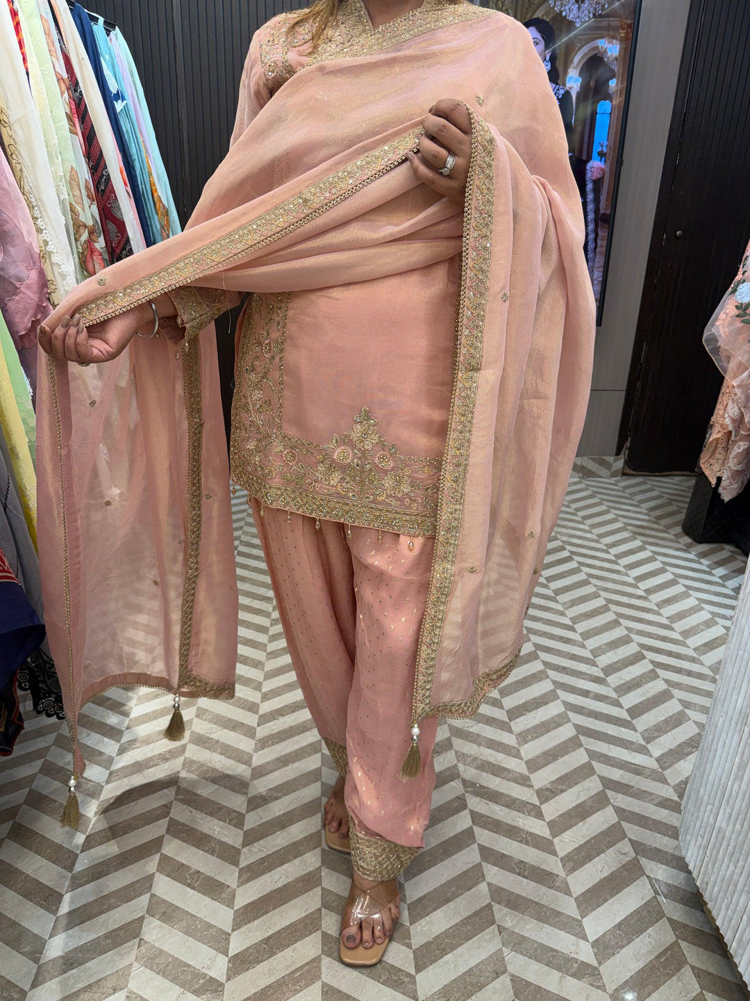 Mahira – Peach Tissue Pakistani Short Shirt Farshi Salwar Set