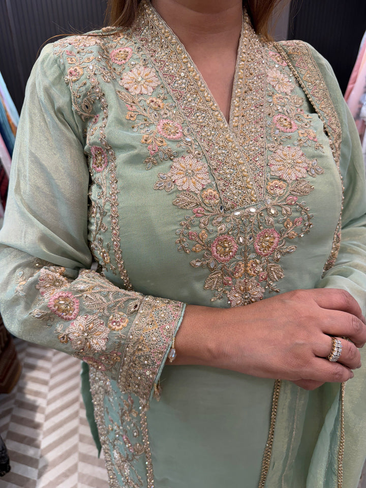 Mahira – Mint Green Tissue Pakistani Short Shirt Farshi Salwar Set