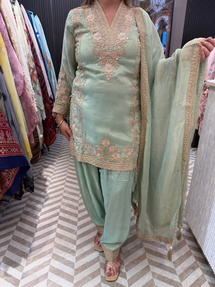 Mahira – Mint Green Tissue Pakistani Short Shirt Farshi Salwar Set
