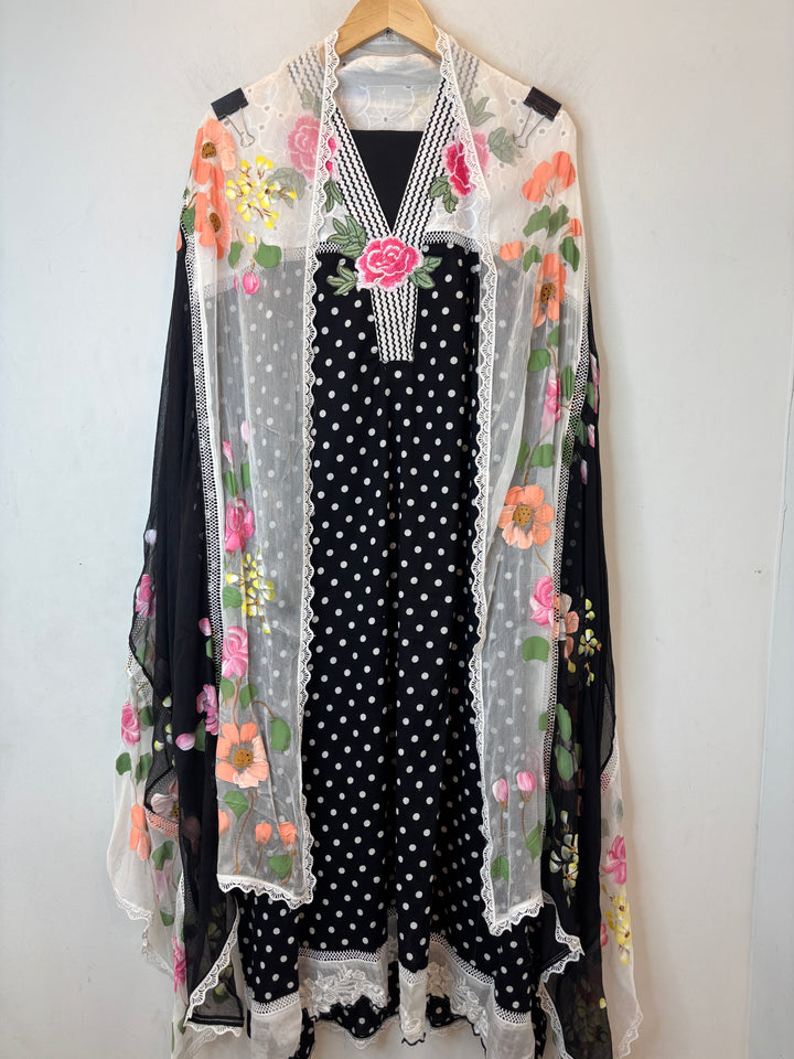 Polina – Black Cotton Polka Embroidered Suit