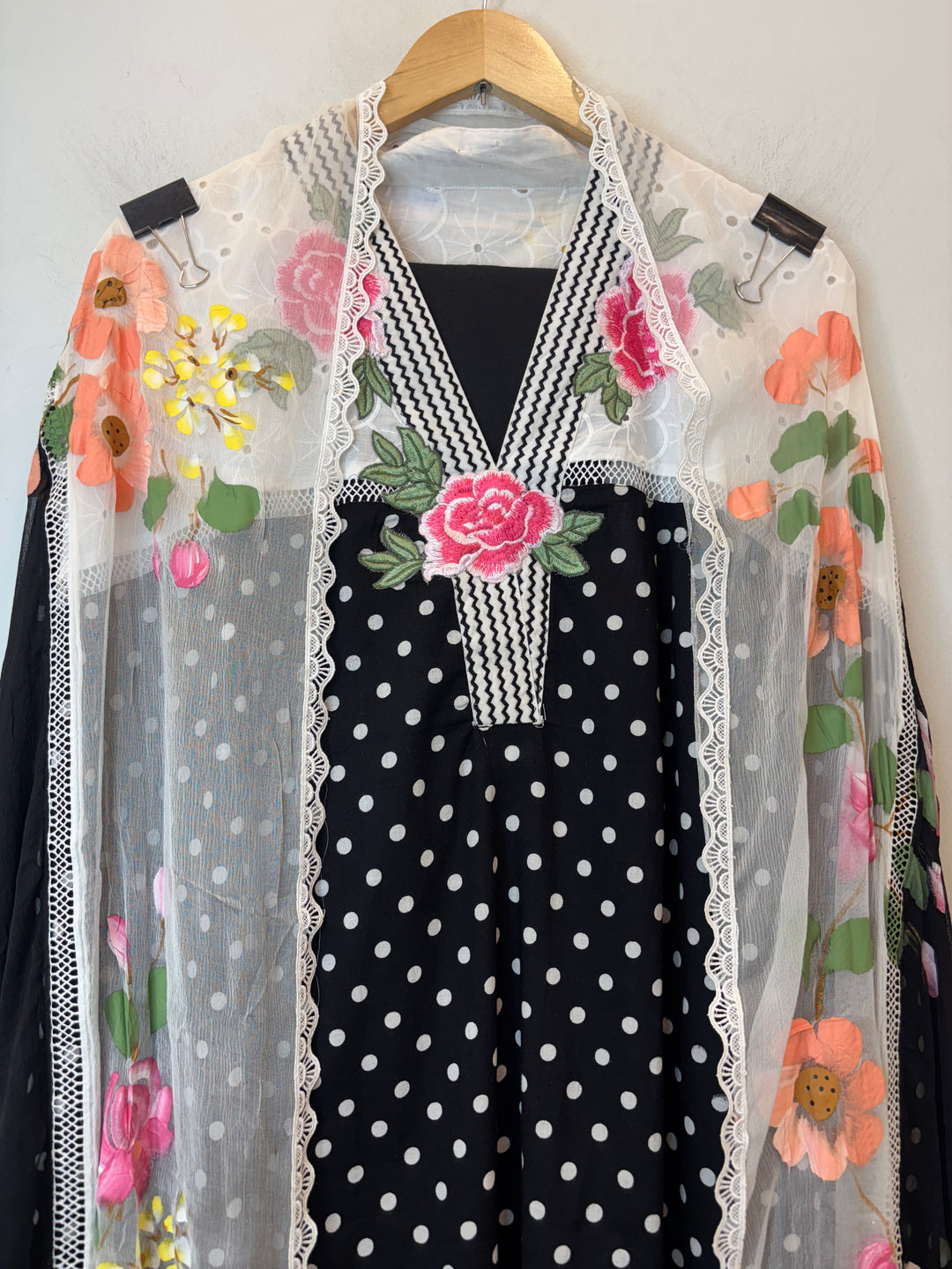 Polina – Black Cotton Polka Embroidered Suit