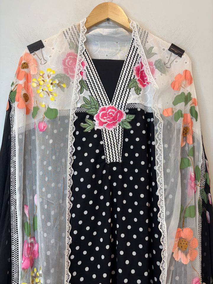 Polina – Black Cotton Polka Embroidered Suit