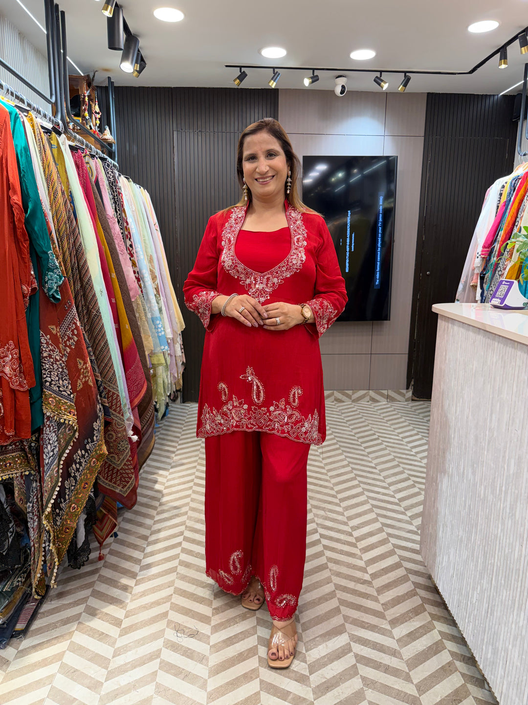 Noor – Red Chinon Cut Dana Sequin 3-Piece Ensemble