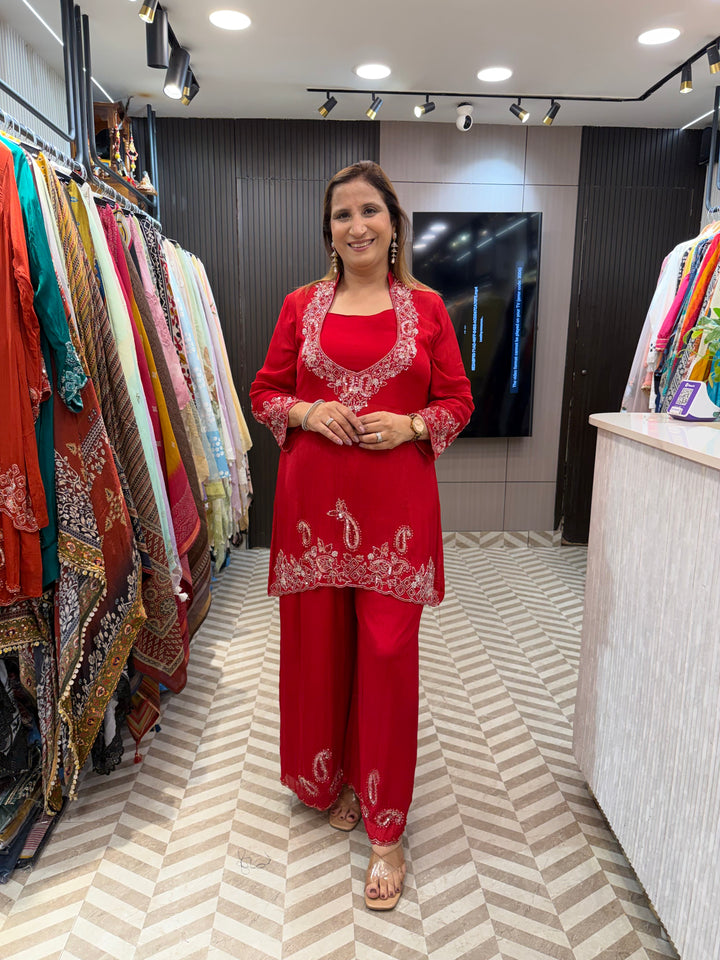 Noor – Red Chinon Cut Dana Sequin 3-Piece Ensemble
