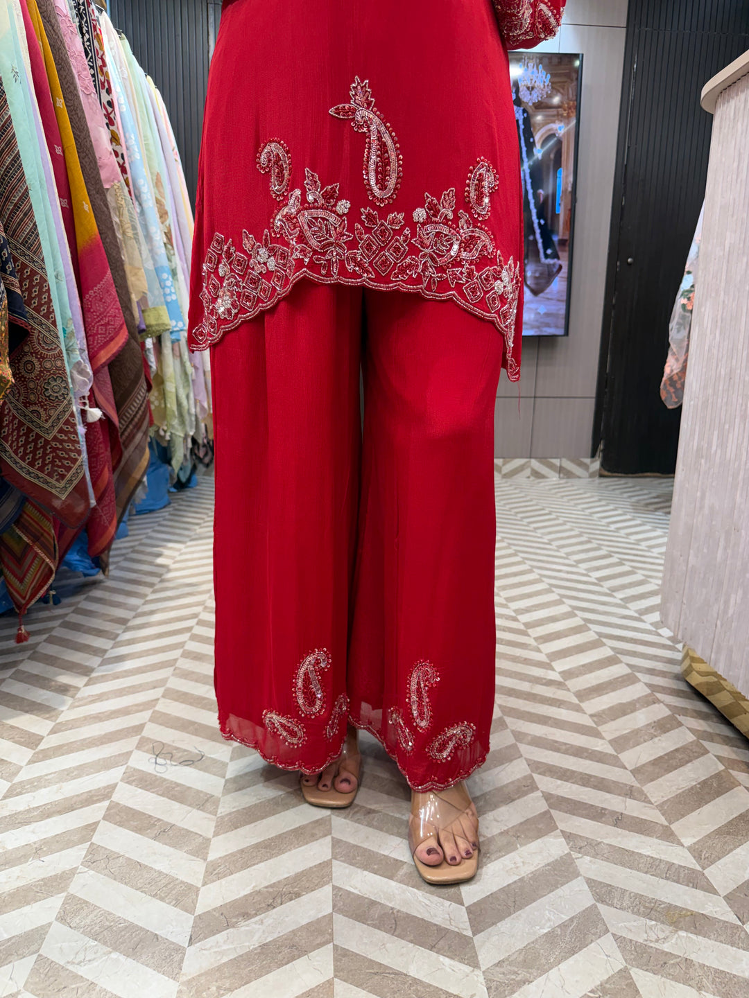 Noor – Red Chinon Cut Dana Sequin 3-Piece Ensemble