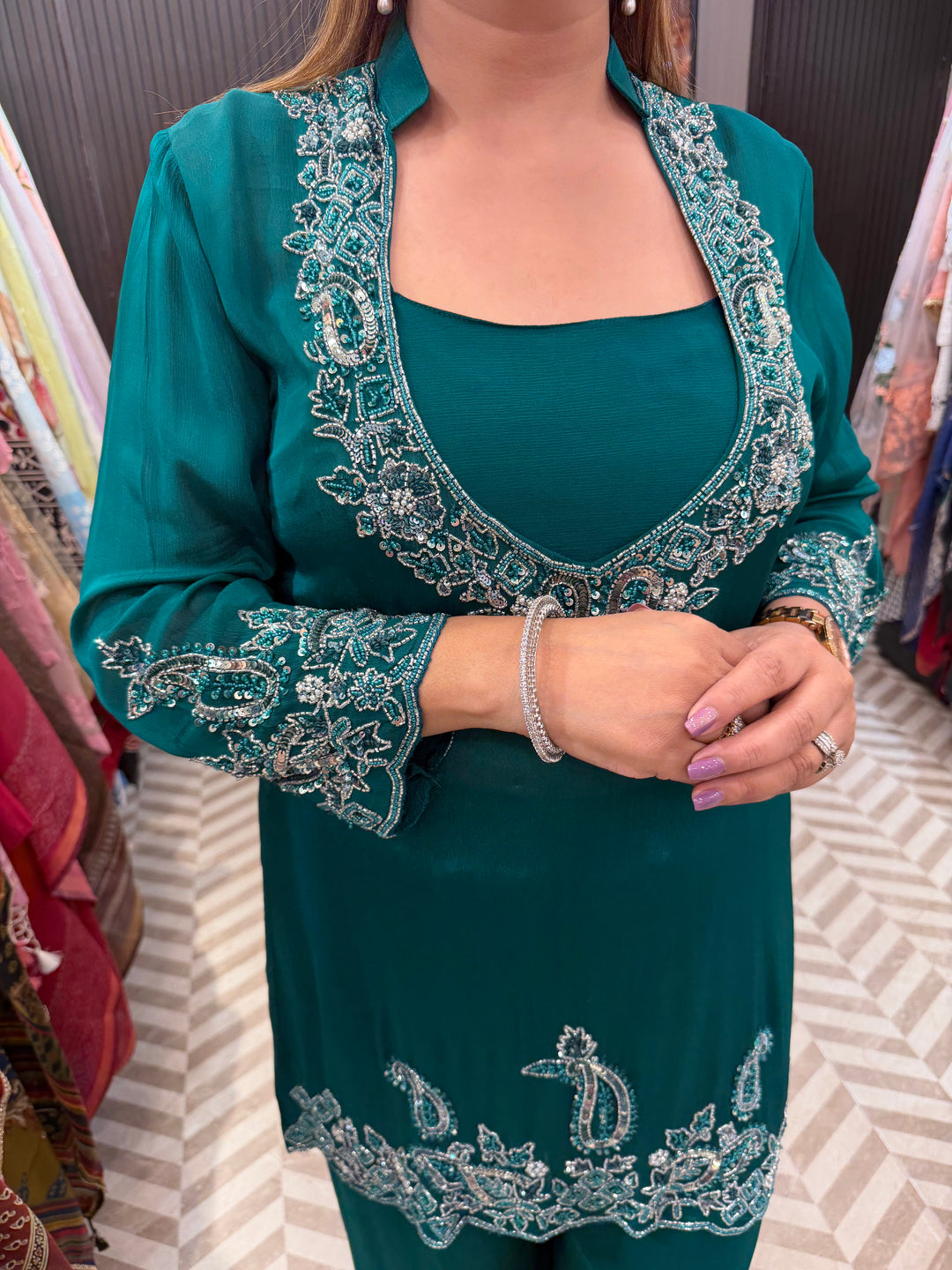 Noor – Sage Green Chinon Cut Dana Sequin 3-Piece Ensemble