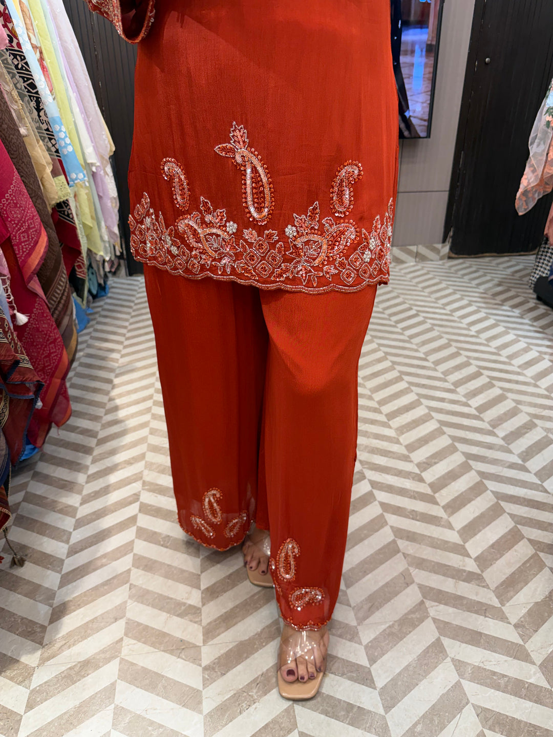 Noor – Orange Chinon Cut Dana Sequin 3-Piece Ensemble