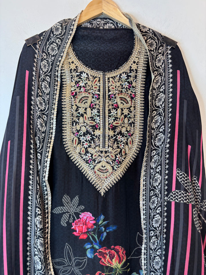 Zarmina – Black Silk Organza Digital Dori Suit