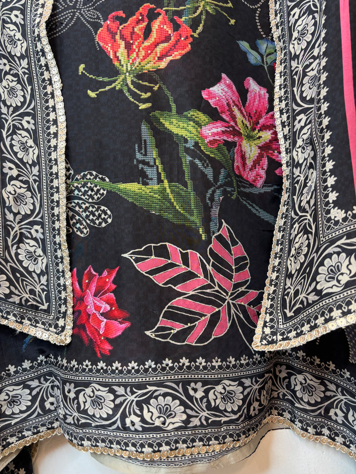 Zarmina – Black Silk Organza Digital Dori Suit