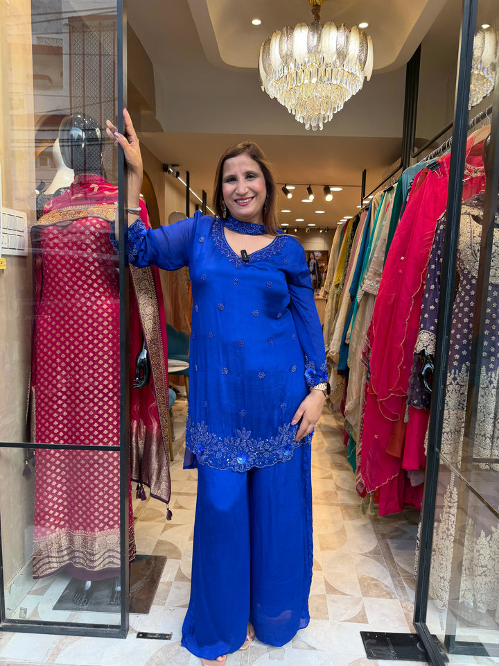 Noor – Blue Chinon Pearl Cutdana Sequin 3-Piece Set