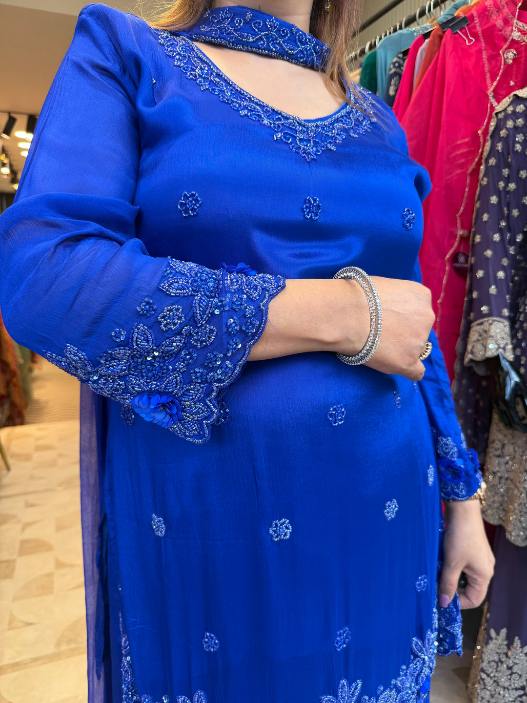 Noor – Blue Chinon Pearl Cutdana Sequin 3-Piece Set
