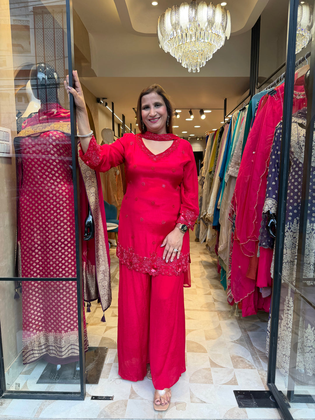 Noor – Red Chinon Pearl Cutdana Sequin 3-Piece Set