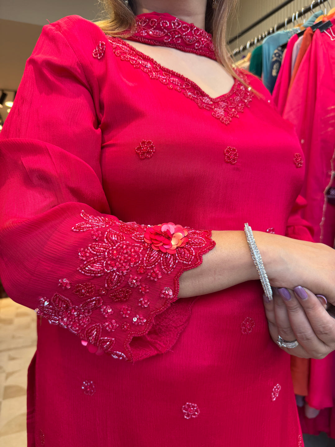 Noor – Red Chinon Pearl Cutdana Sequin 3-Piece Set