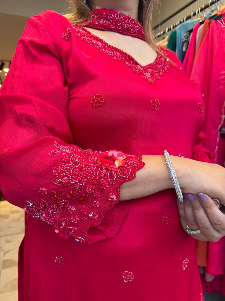 Noor – Red Chinon Pearl Cutdana Sequin 3-Piece Set