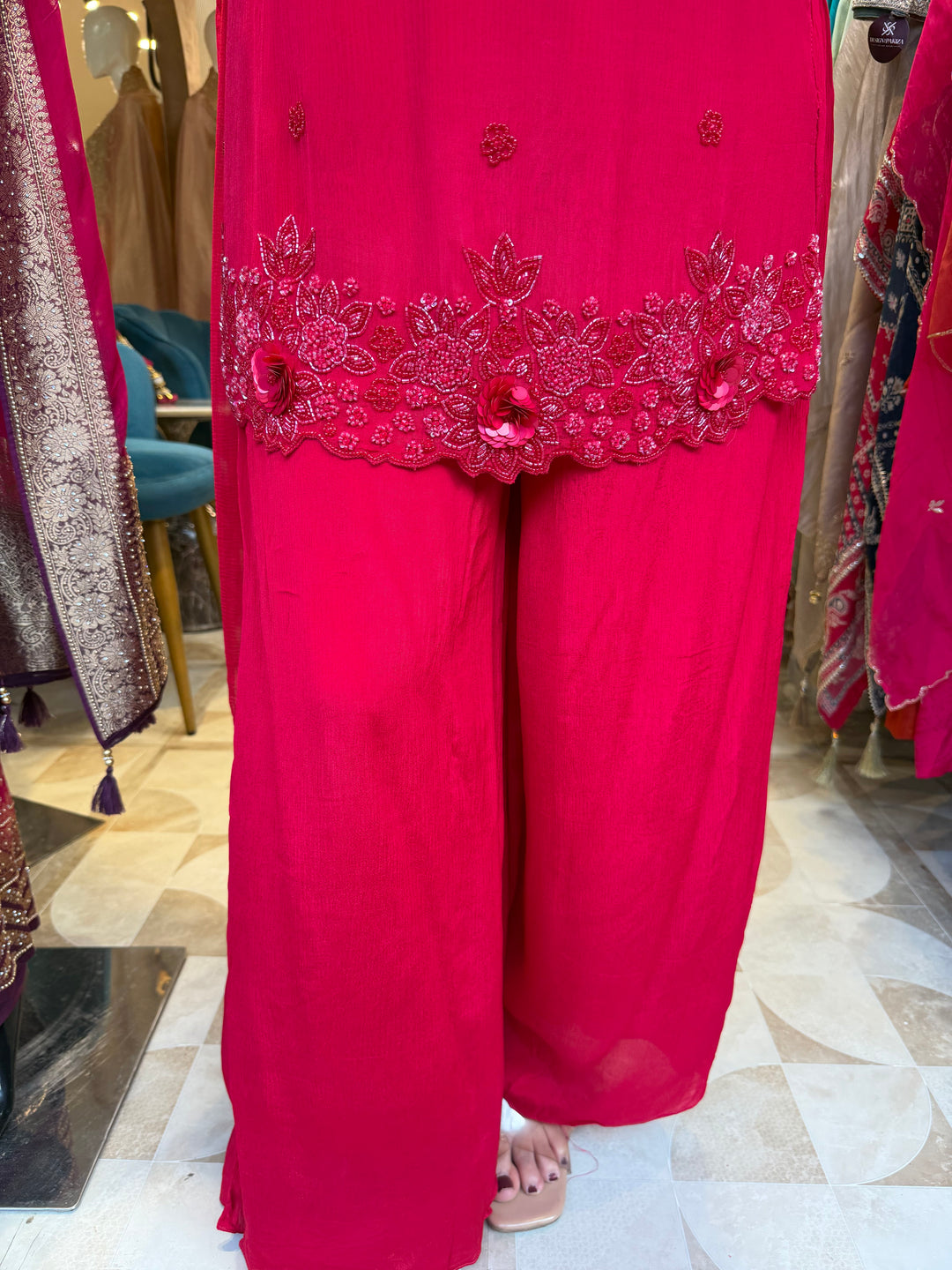 Noor – Red Chinon Pearl Cutdana Sequin 3-Piece Set
