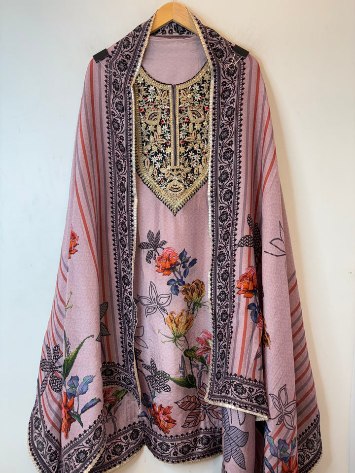 Zarmina – Pink Silk Organza Digital Dori Suit