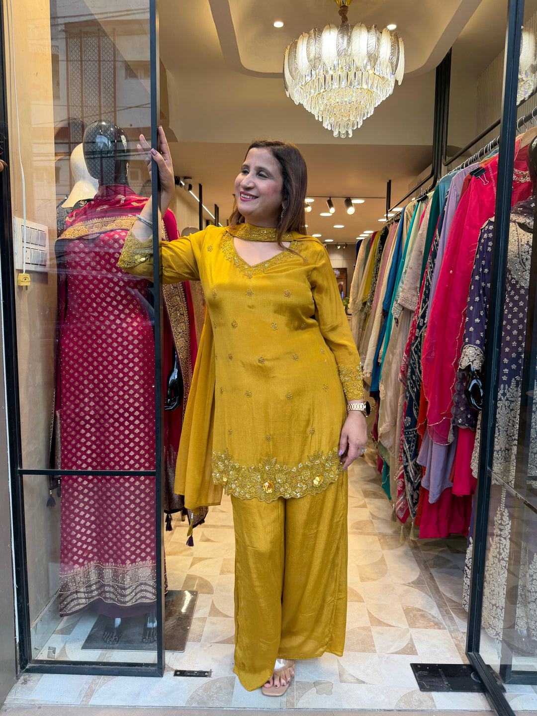 Noor – Mustard Yellow Chinon Pearl Cutdana Sequin 3-Piece Set