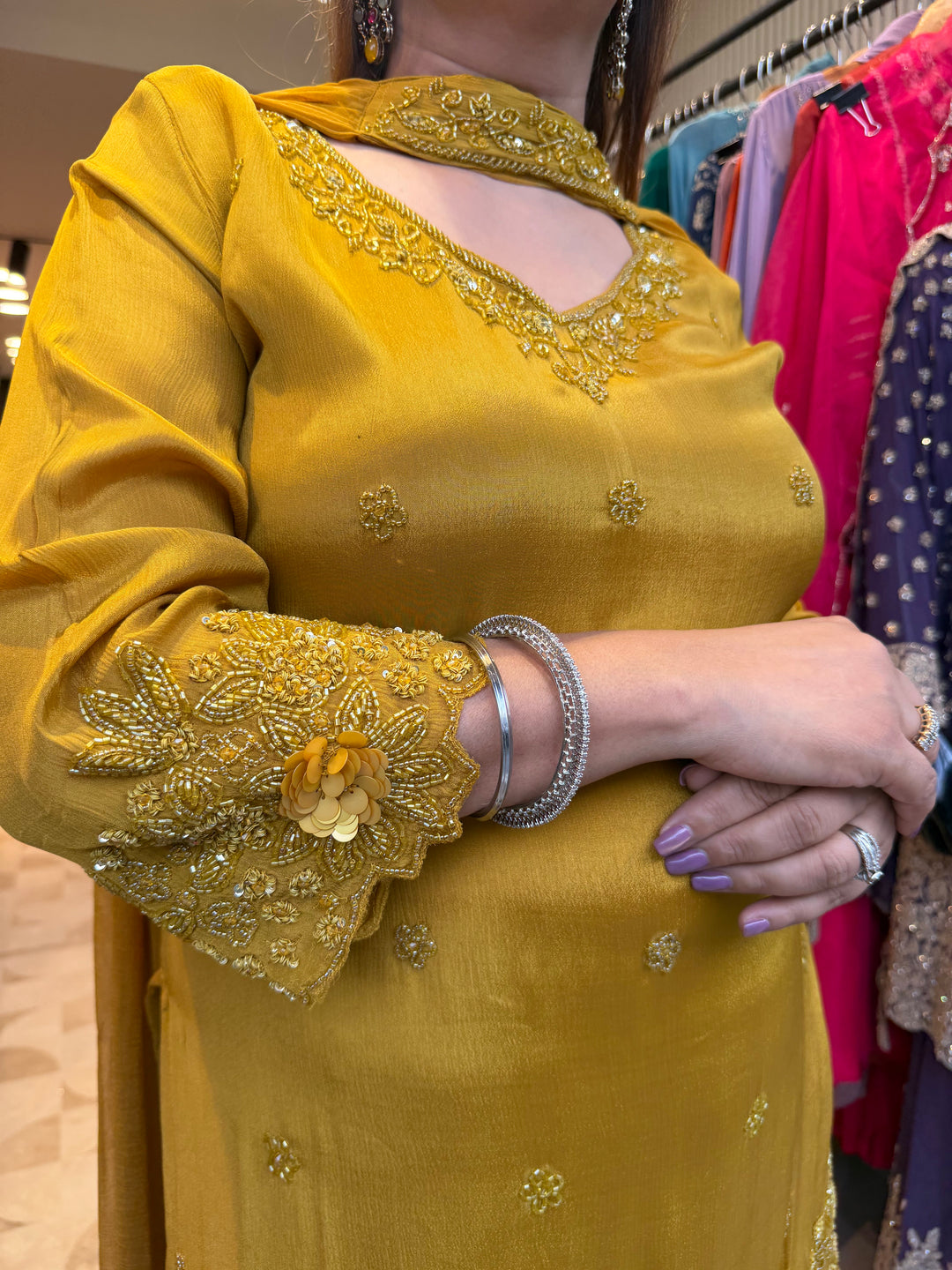Noor – Mustard Yellow Chinon Pearl Cutdana Sequin 3-Piece Set