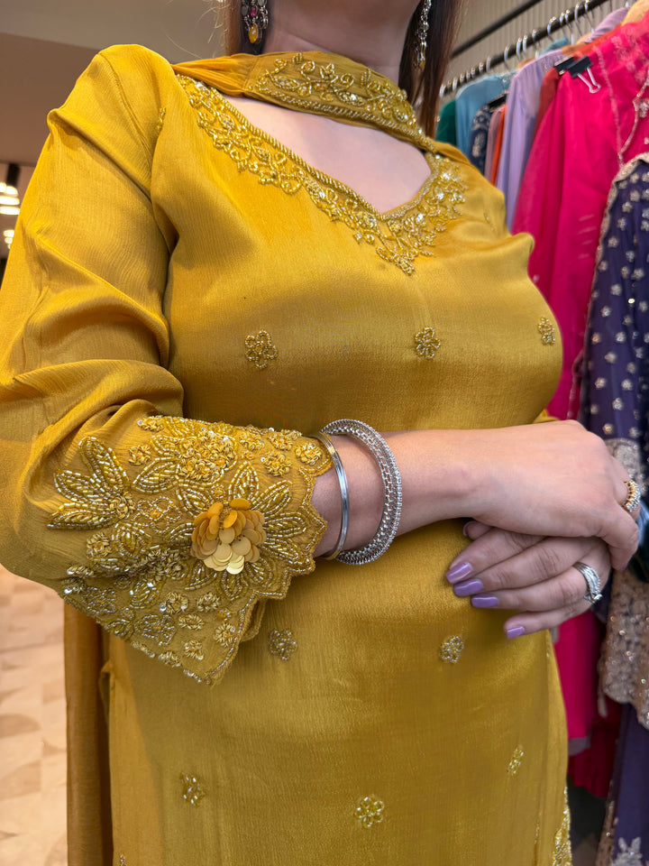 Noor – Mustard Yellow Chinon Pearl Cutdana Sequin 3-Piece Set