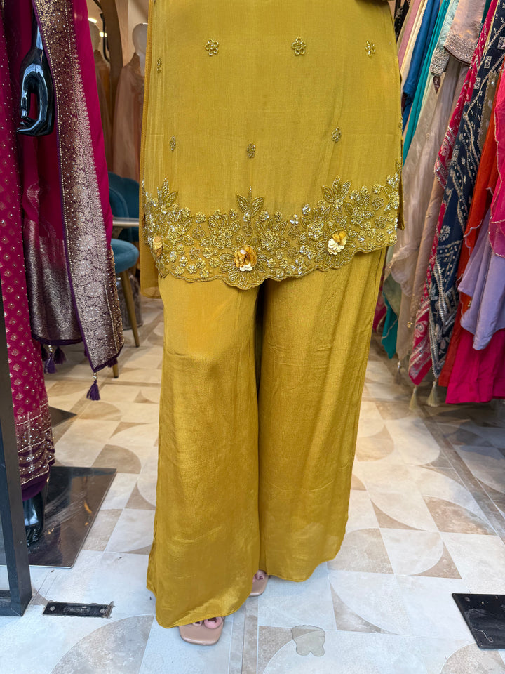 Noor – Mustard Yellow Chinon Pearl Cutdana Sequin 3-Piece Set
